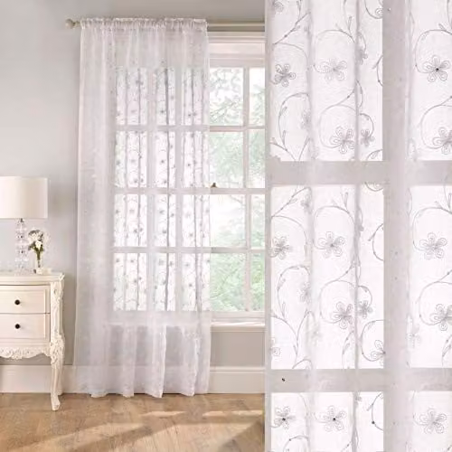 Tyrone Textiles Belle White Embroidered Floral Voile Fabric Panel with Linen Style Ground, W/H: 140 x 229 cm