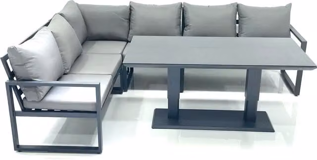 Fimous 6-Seater Aluminium Corner Sofa Set with Adjustable Rising Glass Dining Table in Dark Grey