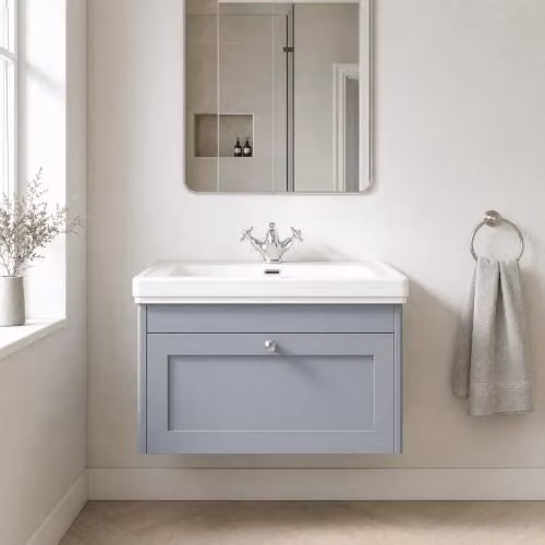 Balterley Wall Hung Single Drawer Vanity Unit with Rectangular Basin and Tap Hole, Grey, W: 80 cm, D: 45.3 cm, H: 43.1 cm – 2