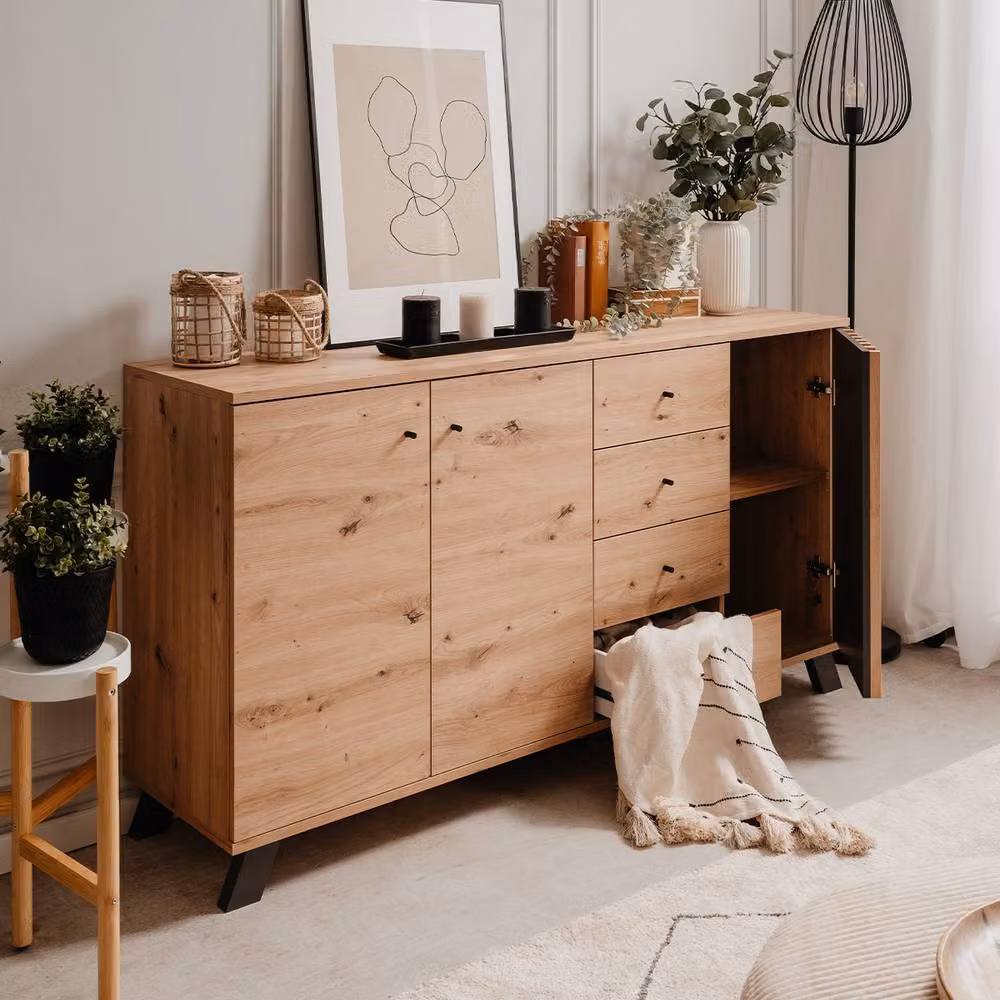 CALICOSY LUBLIN Modern 3-Door 4-Drawer Sideboard in Artisan Oak Finish, Light Brown – 3