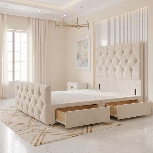 Somnior Beds Ltd Chesterfield Velvet Divan Bed Base with Drawers in Ivory Double, W/D/H: 140 x 200 cm