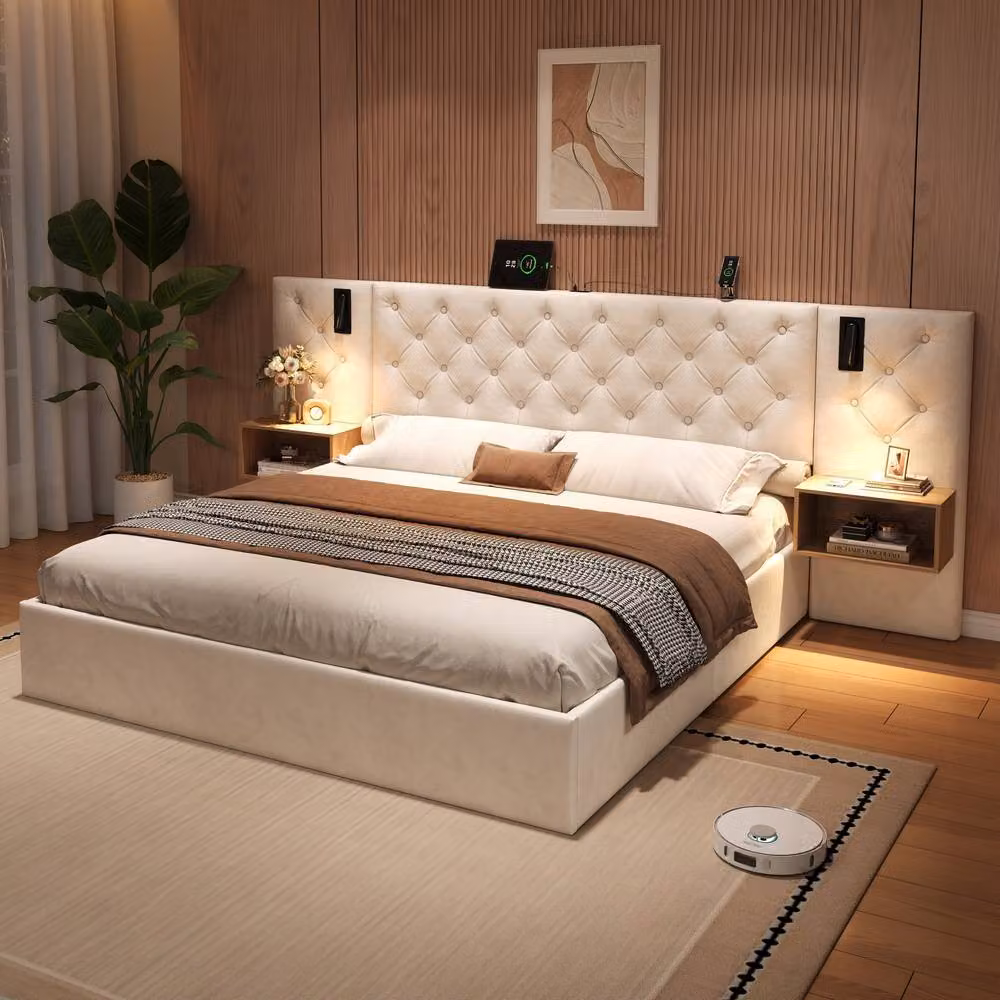 Merax King Size Upholstered Ottoman Storage Bed in Beige with LED Lighting, Bedside Shelves and USB Charging Ports, 180 x 200 cm – 2