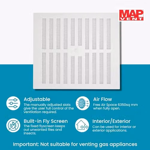 Map White Adjustable Air Vent with Flyscreen Cover and Hit & Miss Triple Brick Ventilation Grille, W/D/H: 22.9 x 22.9 x 5.0 cm – 2