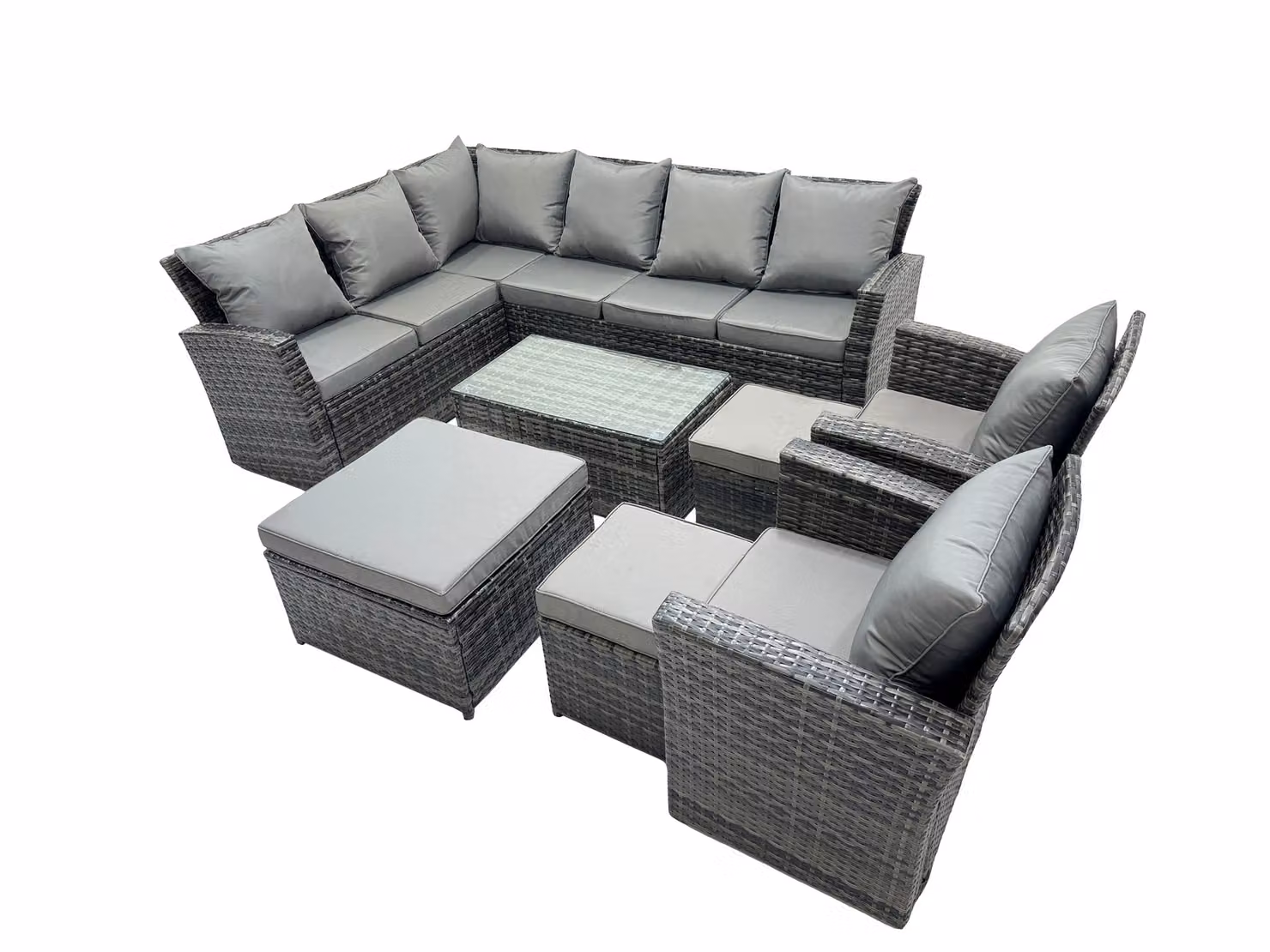 Fimous 11 Seat Rattan High Back Corner Sofa Set with 3 Stools in Dark Grey – 2