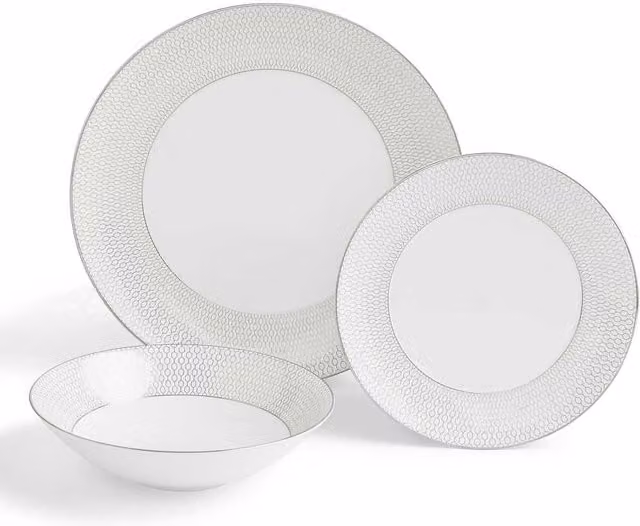 Wedgwood Gio Platinum 12 Piece Bone China Dinner Service in White and Silver with Geometric Design