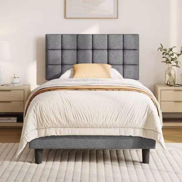 Yaheetech Modern Upholstered Platform Bed with Square Tufted Headboard in Light Grey