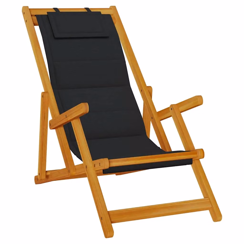 Berkfield Home Folding Beach Chair with Armrests and Adjustable Headrest in Black Acacia Wood and Textilene – 2