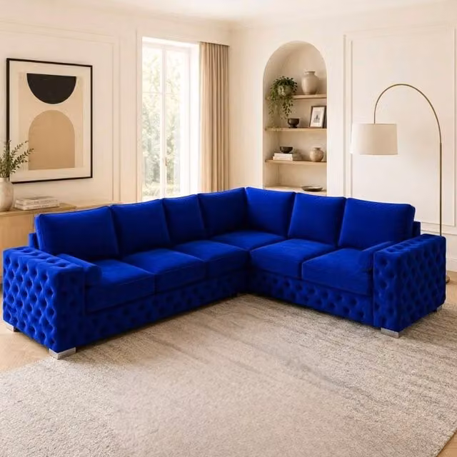 Stratus Interiors Ashley Chesterfield Left Facing Corner Sofa in Blue Plush Velvet Fabric