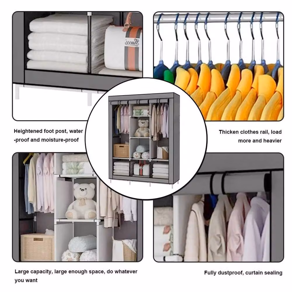 PAWNORA Grey Canvas Clothes Storage Wardrobe with Hanging Rail and Shelving, H 170.0 cm x W 128.0 cm – 5
