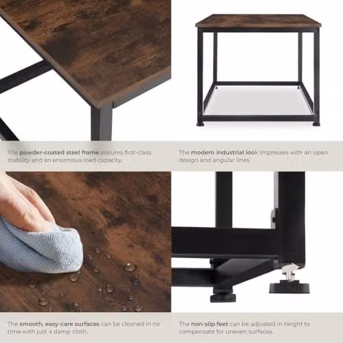 tectake Lynch Rectangular Coffee Table with Industrial Metal Frame and Height-Adjustable Feet in Dark Brown, W: 100 cm, D: 55 cm, H: 45.5 cm – 5