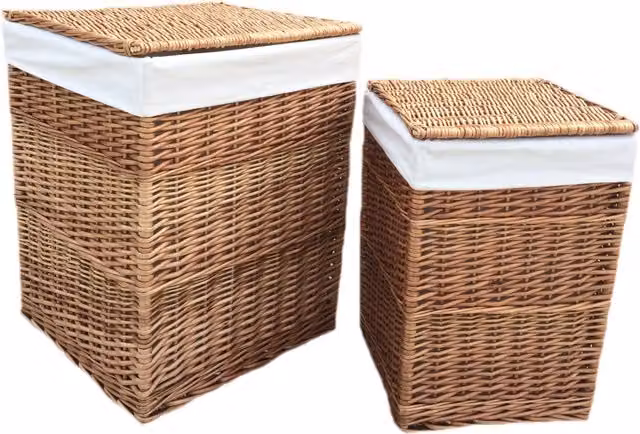 Red Hamper Set of 2 White Wicker Square Laundry Baskets with Cotton Linings and Handles