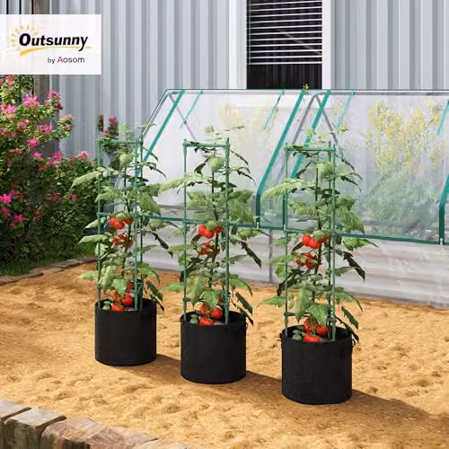 Outsunny 3 Pack Green Tomato Cages with 83.7L Grow Bags and 120cm Adjustable Steel Stakes – 2