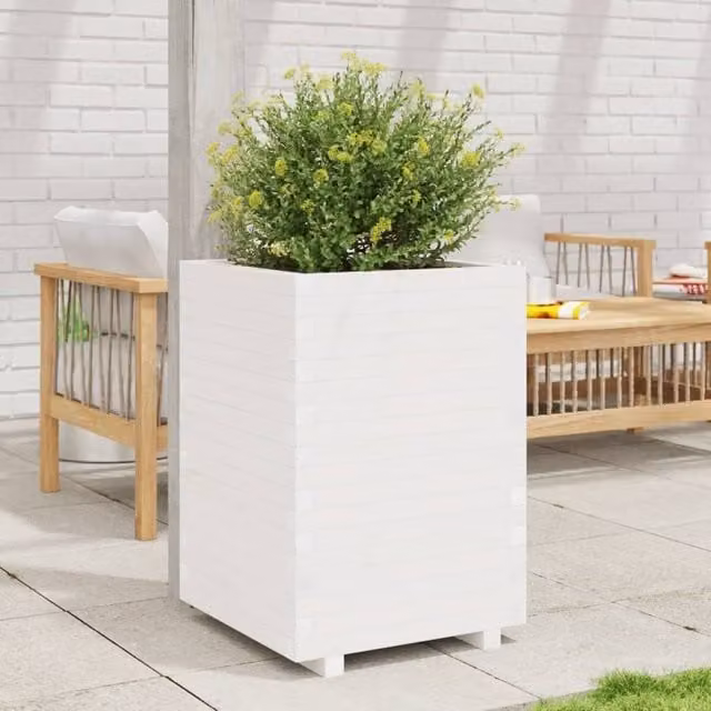 Berkfield Home White Wooden Garden Planter Tub W/D/H: 50 x 50 x 72.5 cm
