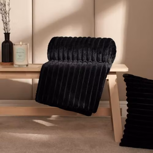 OHS Faux Fur Ribbed Fleece Throw Blanket, Black, W/D/H: 150 x 200 cm – 2