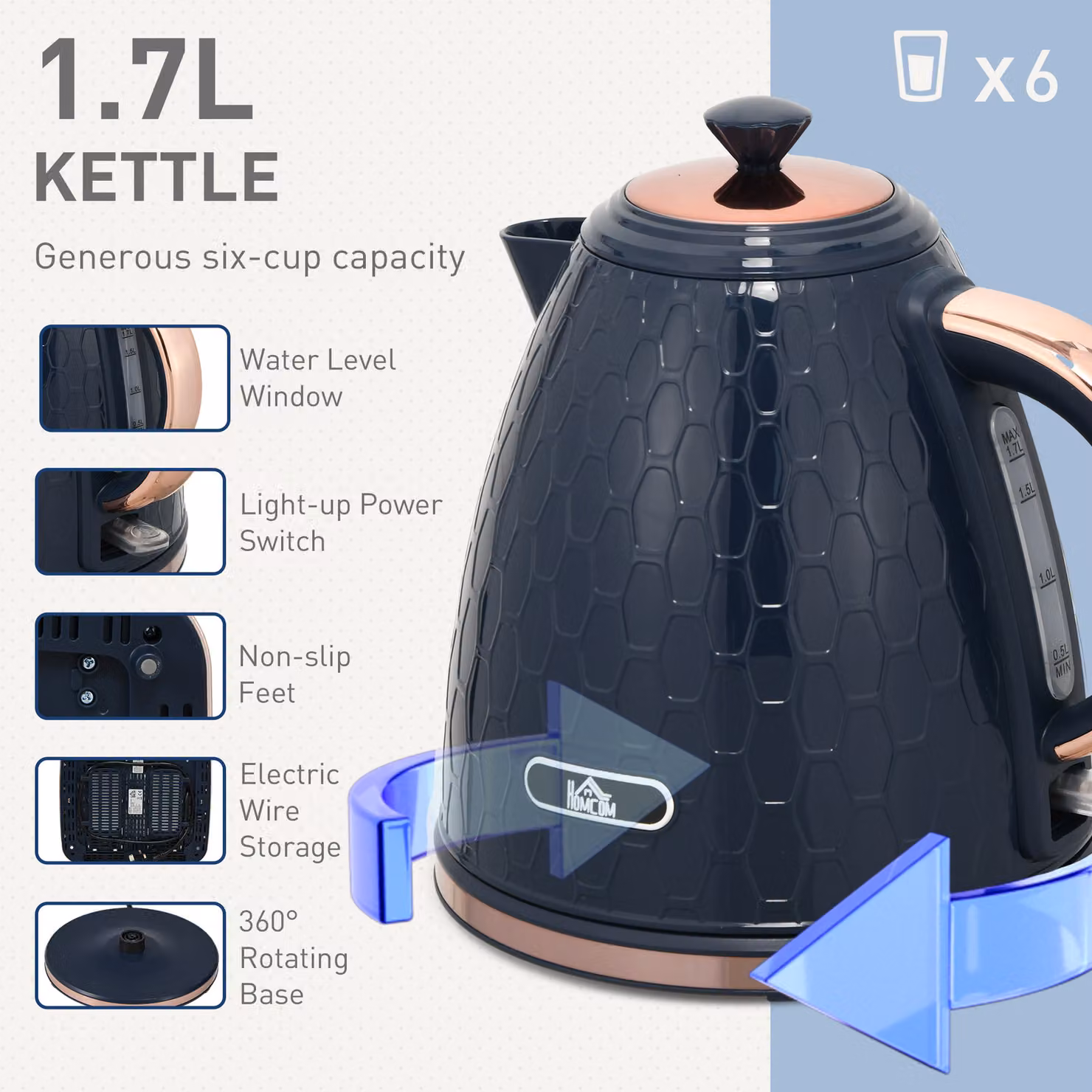 HOMCOM Kettle and Toaster Set in Blue, featuring a 1.7L 3000W Fast Boil Jug Kettle and a 4-Slice Toaster with 7 Browning Levels – 3