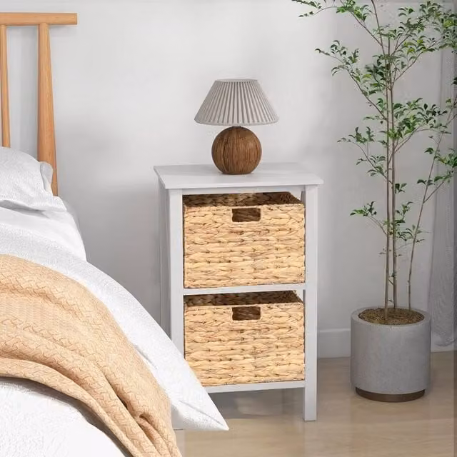 FORGEVIO Rustic 2-Drawer White End Table with Wood and Seagrass Details