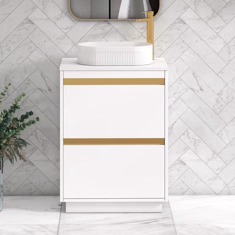 Royal Bathrooms Orion 600mm Matt White Floor Standing 2 Drawer Vanity Unit with Lyon Basin and Brushed Brass Accent Trim