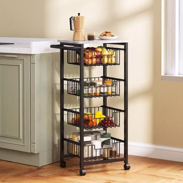STILVORA Kitchen Trolley with 4 Baskets and Marble-Effect Top in Black, W: 49.5 cm, D: 31.0 cm, H: 91.0 cm – 1