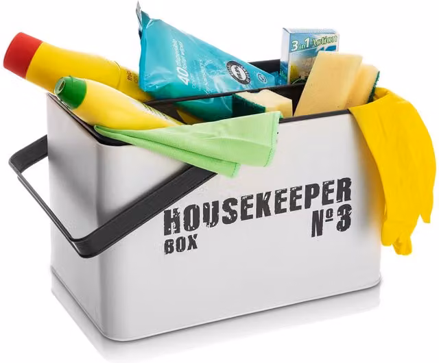 LIVIVO Enamel Coated Metal Housekeeping Storage Caddy with Handles in White and Grey, W: 33.0 cm, H: 21.0 cm, D: 20.5 cm – 1