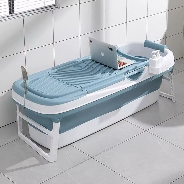 Fimous Portable Folding Freestanding Adult Shower Bathtub with Soap Basket in Blue and White – 1