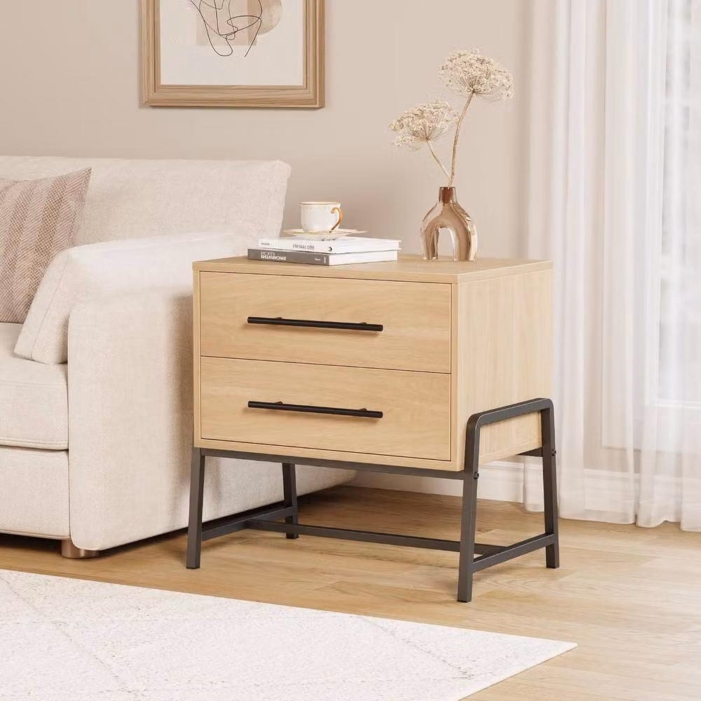 London Boutique Modern Bedside Table with 2 Drawers in Natural Brown – 2