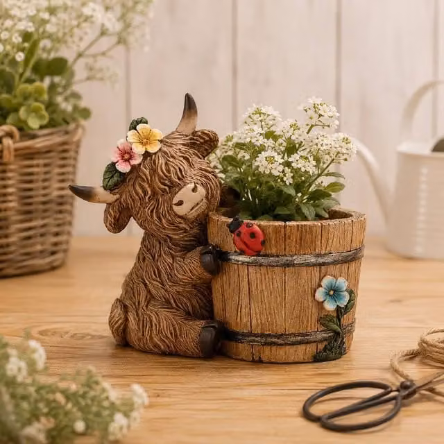 Country Living Ceramic Highland Cow Tabletop Planter in Brown