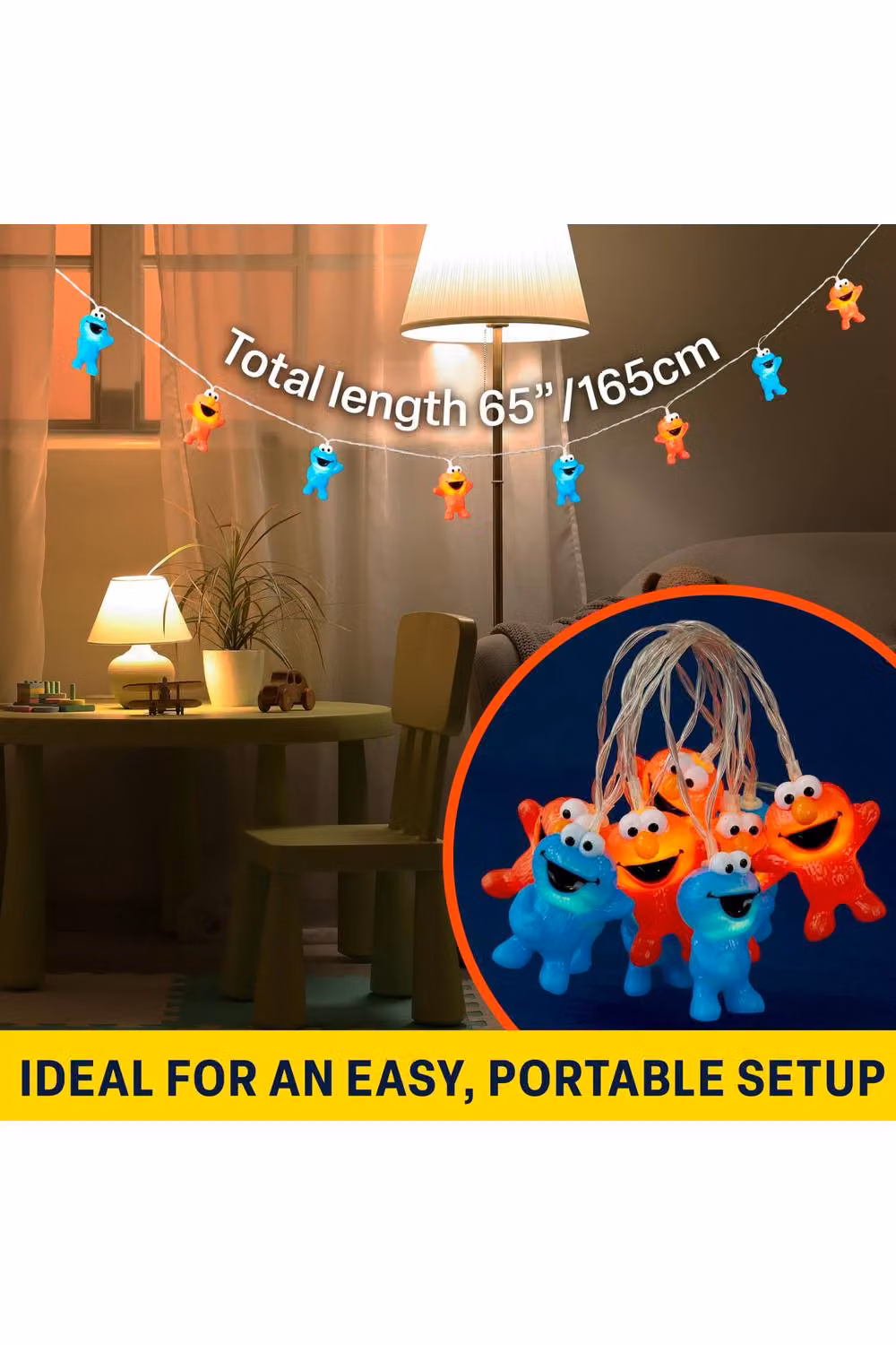 Get Trend Sesame Street 3D LED String Lights with Cookie Monster and Elmo, Battery-Operated Warm White Fairy Lights, Length: 165 cm – 7