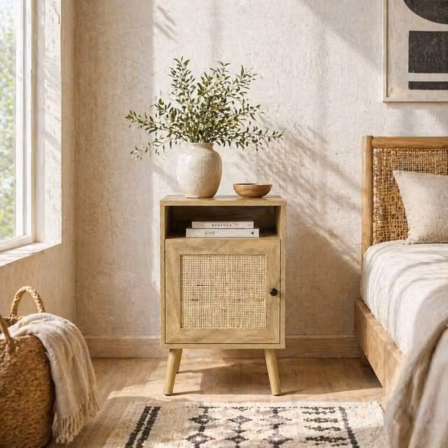 Wyld Haus Nepale Natural Rattan and Pine Bedside Table with Drawer and Shelf, Brown, W/D/H: 35 x 39 x 60 cm