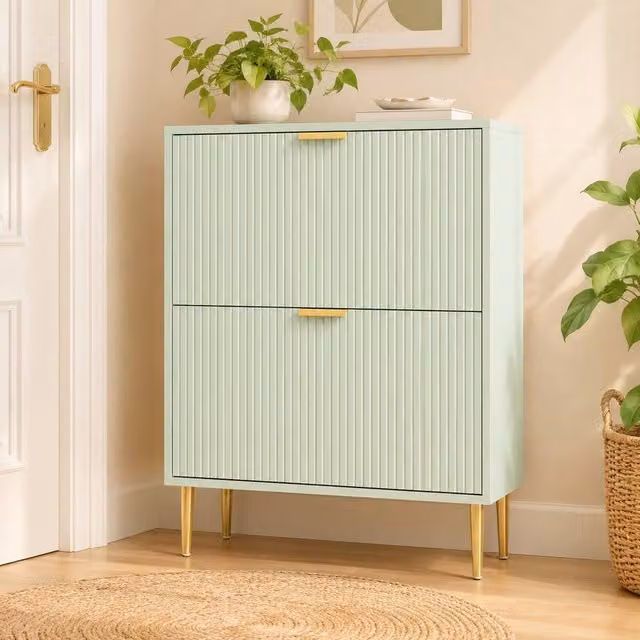STILVORA Modern Green Shoe Cabinet with 2 Tilting Compartments, H 91.5 x W 60.0 x D 24.0 cm