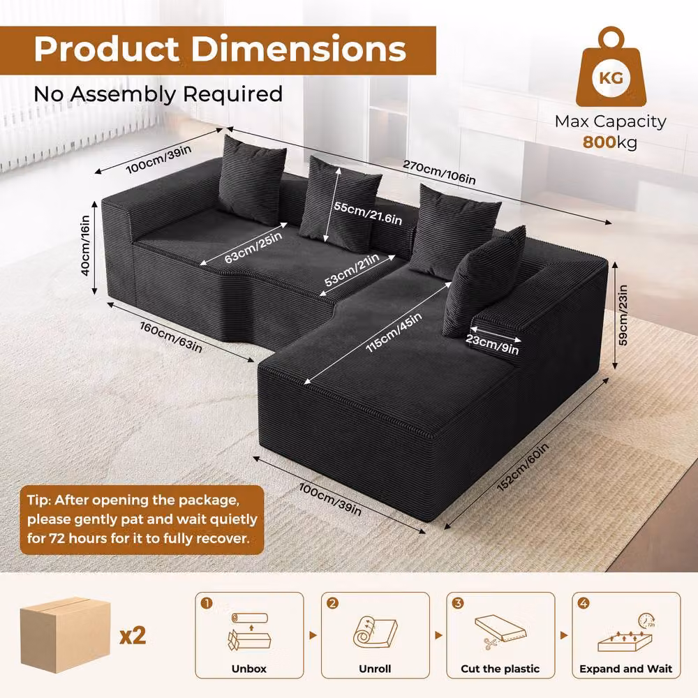 Dprodo Black Corduroy Right L-Shaped Modular Sofa, Width: 320 cm – 5
