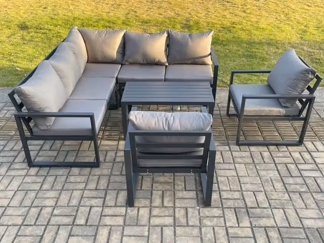 Fimous Modern L-Shape Aluminium Outdoor Garden Furniture Set in Dark Grey with 2-Seater Sofa, Coffee Table and Weather-Resistant Cushions