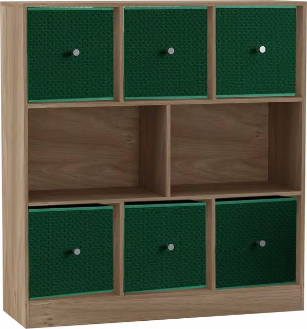 URBNLIVING 8 Cube Oak Bookcase with 6 Green Fabric Storage Drawer Inserts