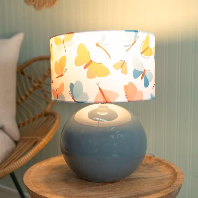 ValueLights Blue and Multicolour Ceramic Table Lamp with Fabric Shade