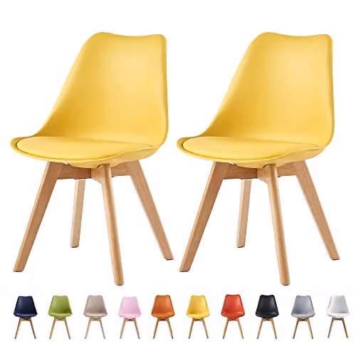 MCC Direct Set of 2 Retro Dining Chairs with Wooden Legs and Padded EVA Cushions in Yellow – 1