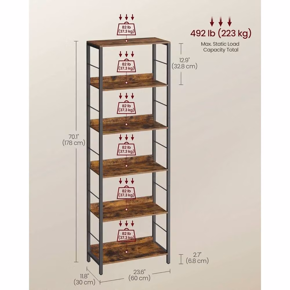 SPETLEK 6-Tier Industrial Bookcase in Brown, W/D/H: 60 x 30 x 178 cm – 2