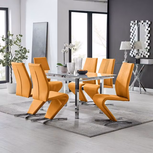 Furniturebox Enna White Glass Extending Dining Table and 6 Willow Chairs in Mustard and White
