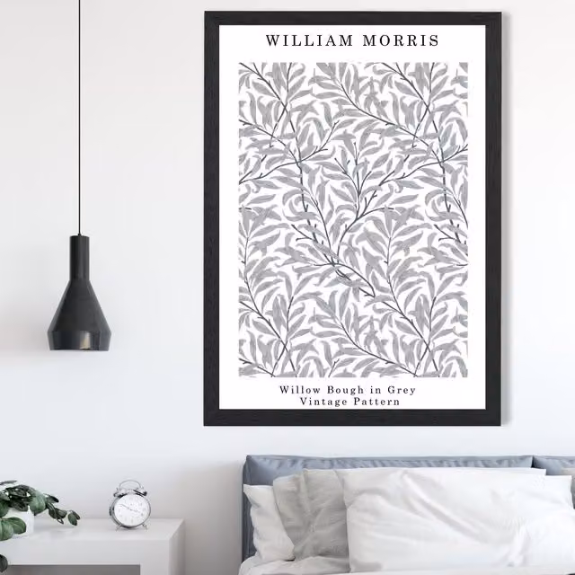 ARTZE William Morris Willow Floral Art Print in Grey with Black Frame, A2