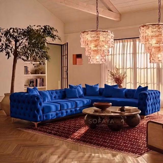 Sofaya Monaco Chesterfield 6 Seater L-Shape Corner Sofa in Blue Velvet with Right Hand Facing Chaise – 1