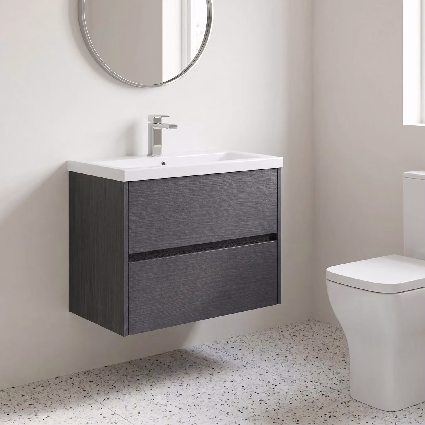 Balterley Wall Hung 2 Drawer Vanity Unit and Basin in Matt Grey, W/D/H: 80.0 x 37.7 x 57.9 cm – 2