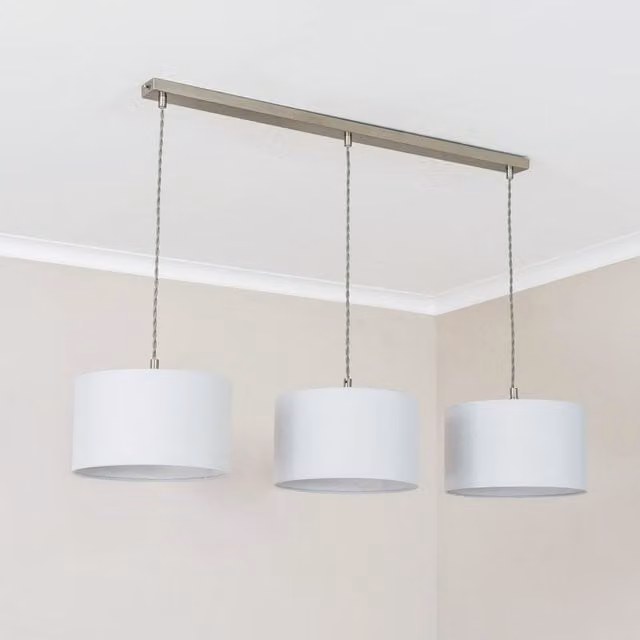 Reni 3 Drop Bar Ceiling Pendant Light in Brushed Chrome with Grey Fabric Shades