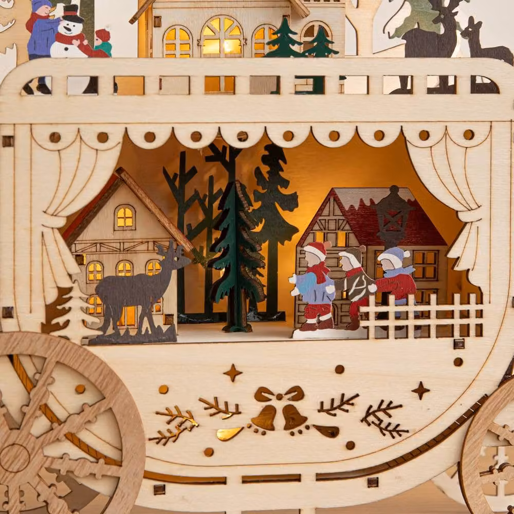 Samuel Alexander Rustic Wooden Christmas Carriage Village with Multicolour Warm White LEDs, Height: 25 cm – 2