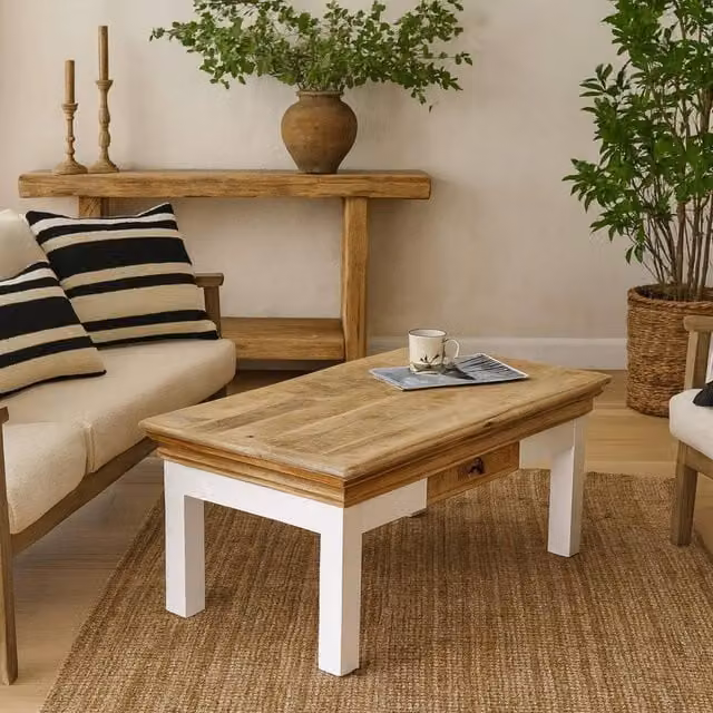 Wyld Haus Alington Solid Mango Wood Coffee Table with Drawer, Brown and White – 1