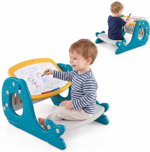 CASART Convertible Kids Activity Table Set with Angle-Adjustable Toddler Easel in Multicolour – 1