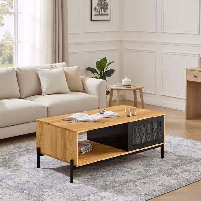 Komore Minimalist Rectangular Open-Shelf Coffee Table with Rattan-Woven Single Drawer in Black and Brown