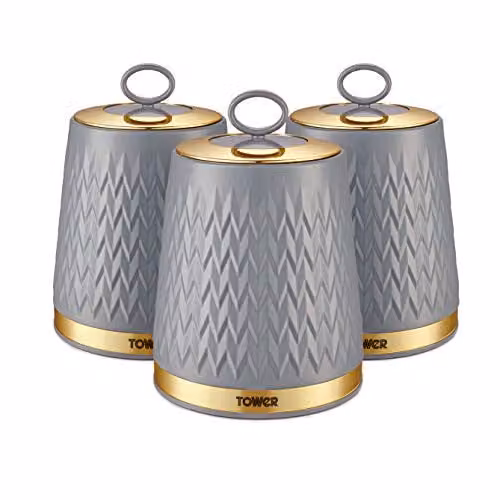 Tower Empire Set of 3 Geometric Ceramic Airtight Storage Canisters for Tea, Coffee and Sugar, Grey, Gold and Bronze, 1.3 l – 1