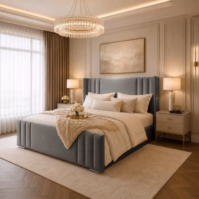 Desire Deco Adriel Luxury Wingback Upholstered Bed Frame in Grey Velvet, 200 x 200 cm