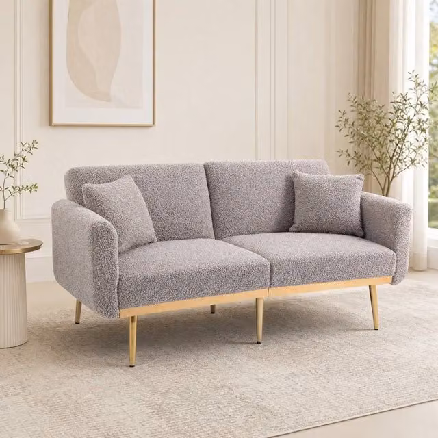 STILVORA 2-Seater Grey Bouclé Click-Clack Sofa Bed with Adjustable Headrest and Scatter Cushions