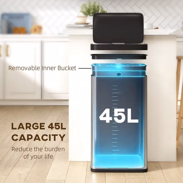 HOMCOM 45L Stainless Steel Sensor Bin with Fingerprint-Proof Finish in Silver