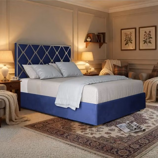 KDMD Trentham Blue Velvet Upholstered Metal Designer Bed Frame, Super King Size (200 x 200 cm)