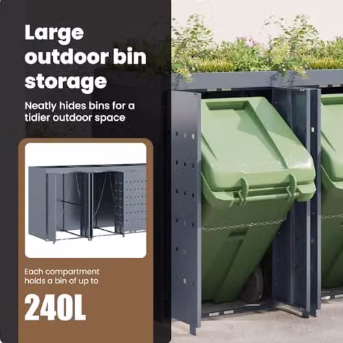 vidaXL Wheelie Bin Storage for 4 Bins, Grey, W: 272 cm, D: 77.5 cm, H: 121.5 cm – 5